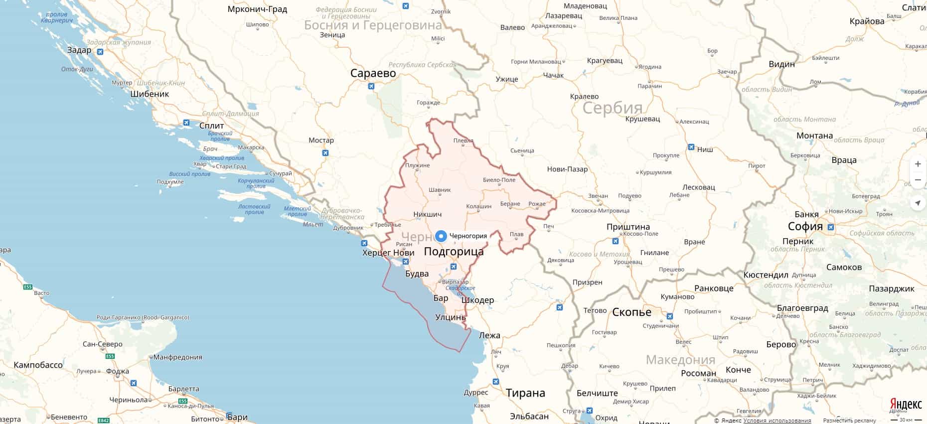 Карта Черногории с городами.