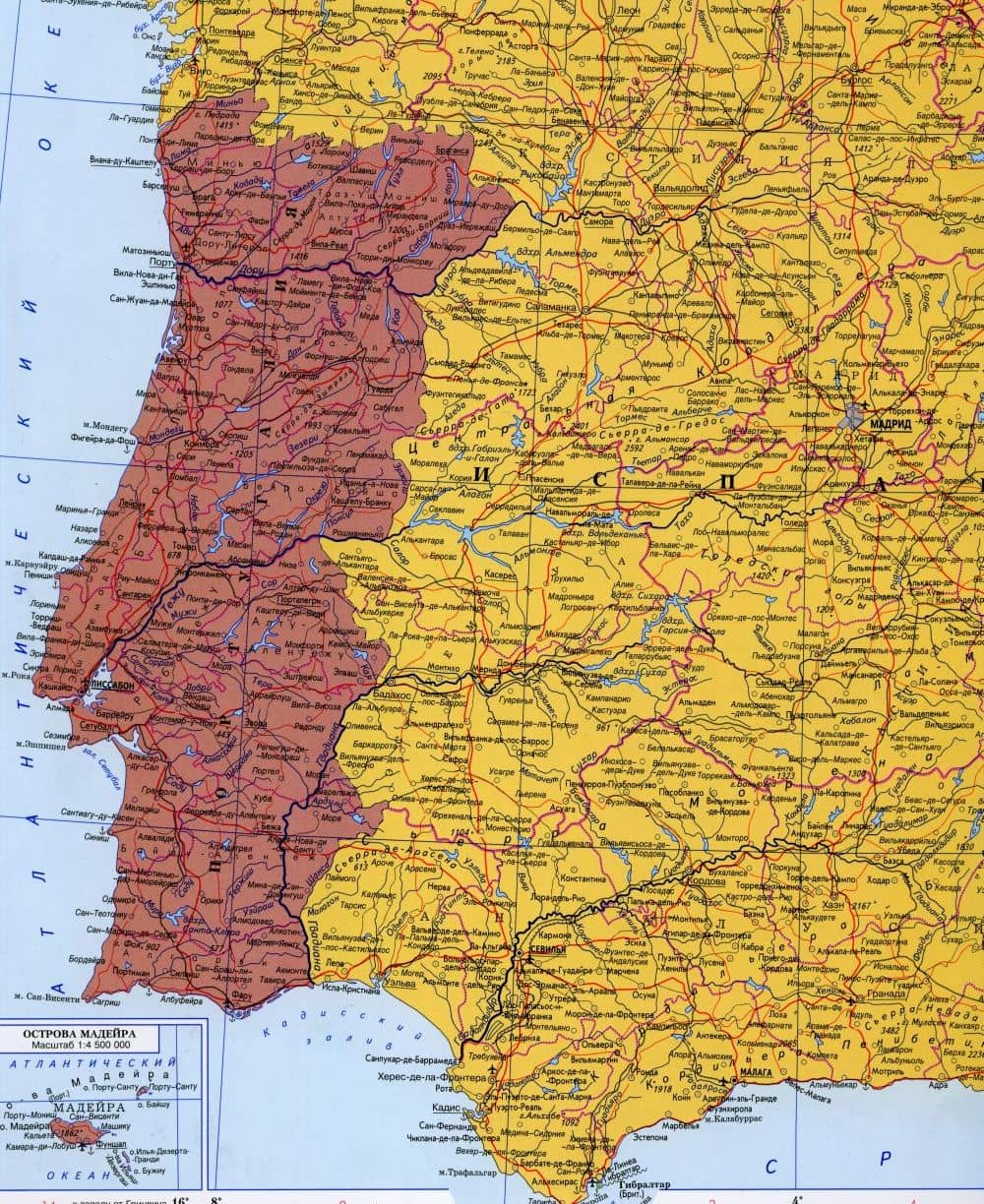 Португалия на карте мира на русском языке с городами подробно
