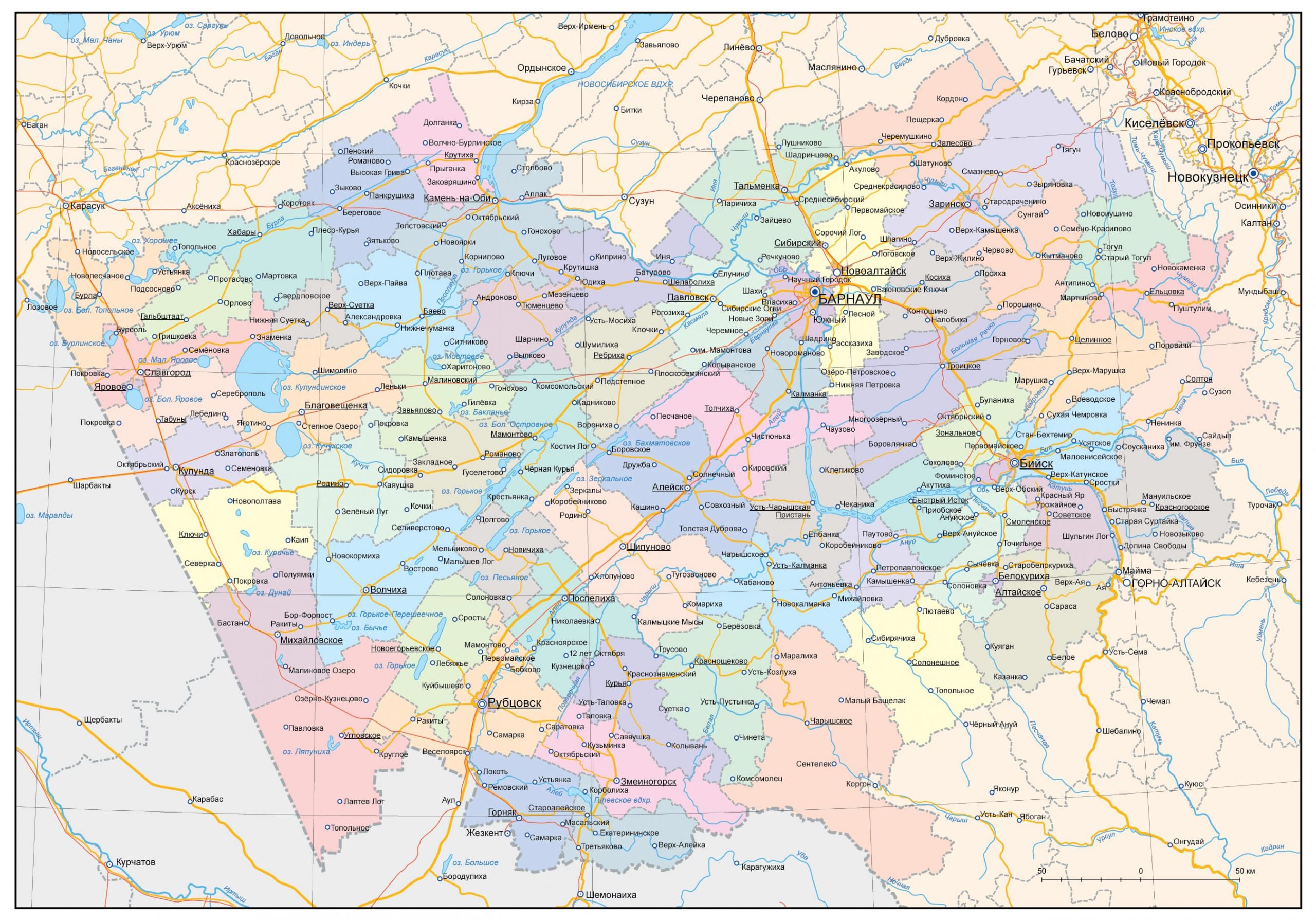 Карта алтайского края расстояния. Автомобильная карта Алтайского края. Карта Алтайского края с населенными пунктами и районами.