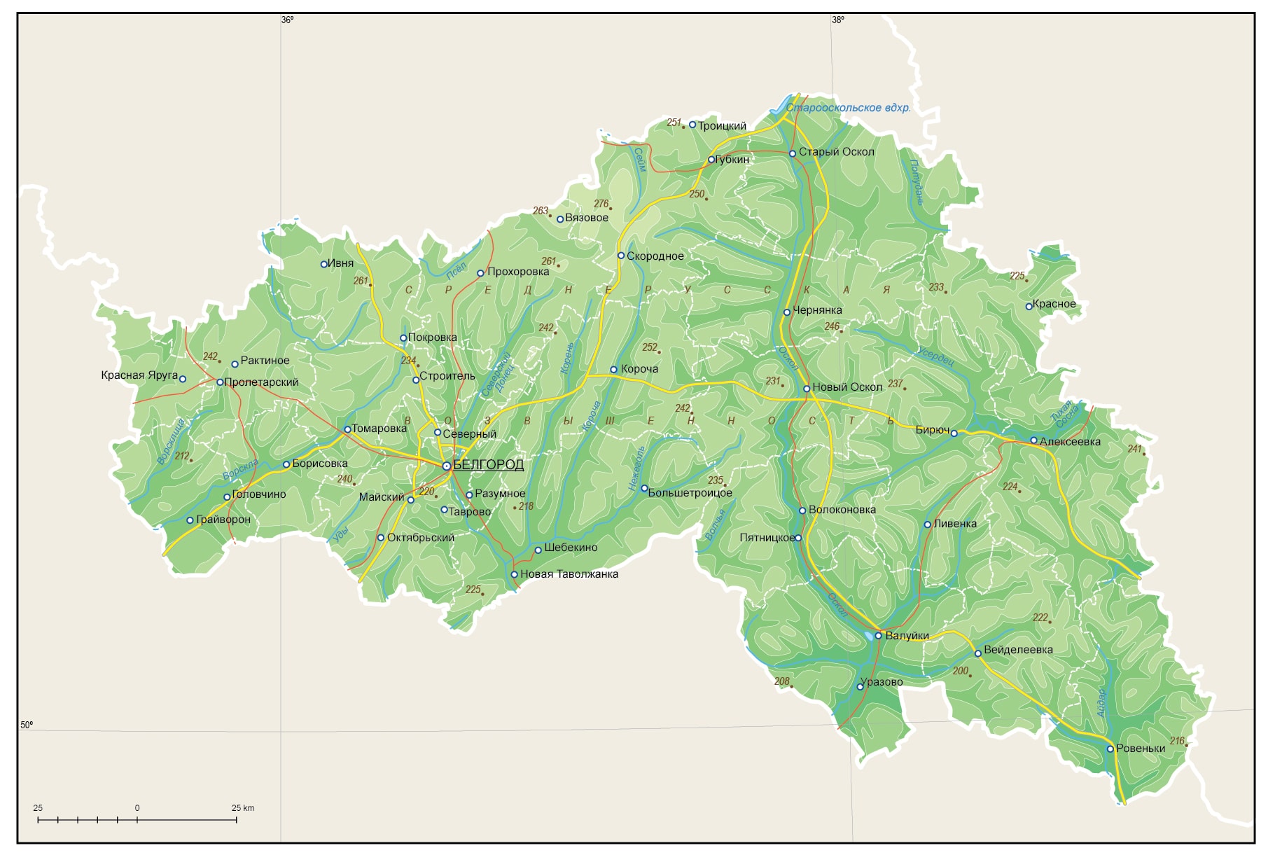 Головчино на карте белгородской области. Физическая карта Белгородской области масштаб.