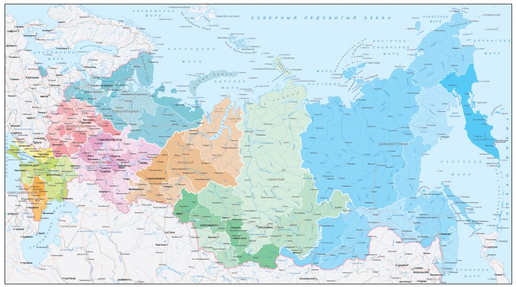 Административная карта России с границами округов