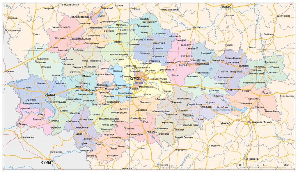 Карта Курской области по районам с трассами и дорогами