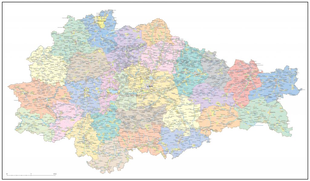 Подробная карта Курской области для печати в высоком разрешении со всеми населенными пунктами