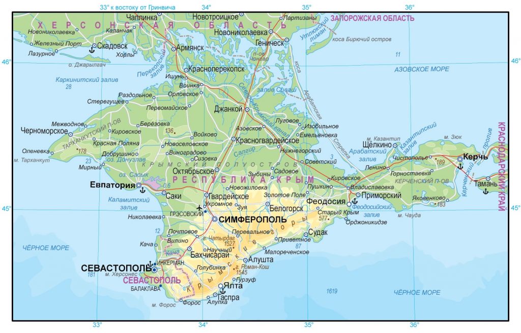 Географическая карта Крыма показывает его положение как полуострова в южной части Украины.