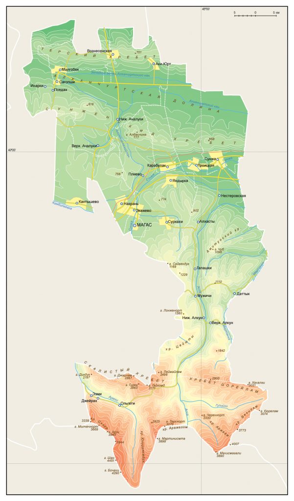 Физическая карта Ингушетии с рельефом и горами